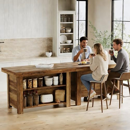 LITTLE TREE 55 Inches Kitchen Island with Storage, 3-Tier Farmhouse Wooden Stationary Island Table with Large Worktop & Leg Room, Modern Coffee Bar Table with Storage Shelf for Kitchen, Rustic Brown