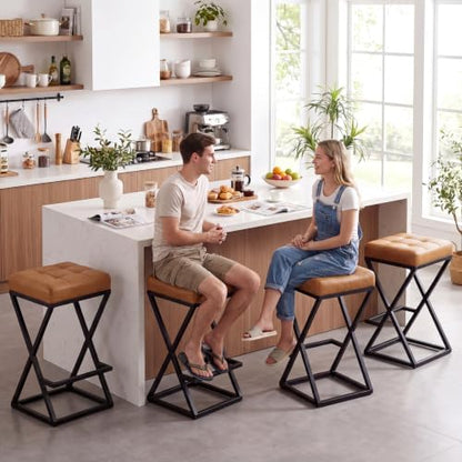 Backless Bar Stools Set of 4, 26 Inch Counter Barstools, PU Brown