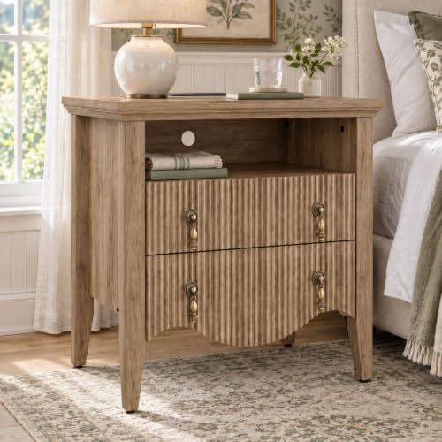 Fluted Nightstand with Charging Station & 2 Drawers,Light Oak