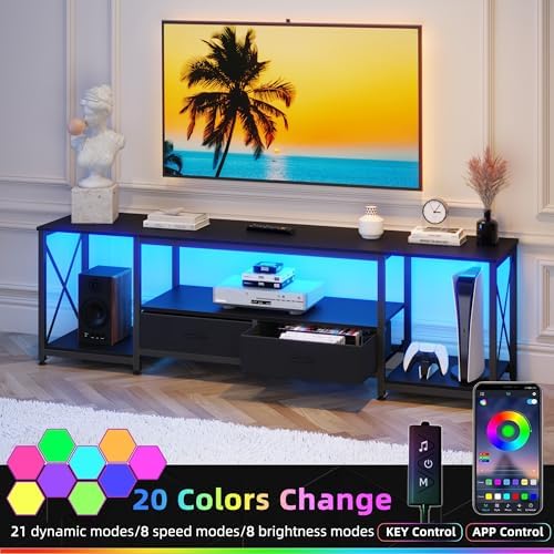 GYIIYUO TV Stand with Fabric Drawers for 75 80 Inches TV - Entertainment Center and Industrial TV Console Table with Open Storage Shelves for Living Room, Bedroom- 71.5" Black
