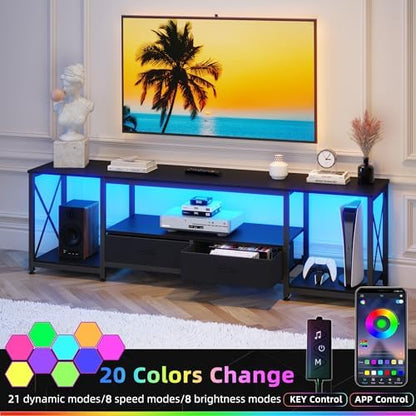 GYIIYUO TV Stand with Fabric Drawers for 75 80 Inches TV - Entertainment Center and Industrial TV Console Table with Open Storage Shelves for Living Room, Bedroom- 71.5" Black