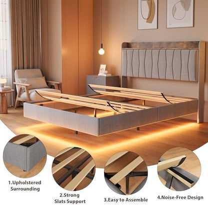 Floating Bed Frame Queen with LED, Upholstered Platform Bed with Headboard