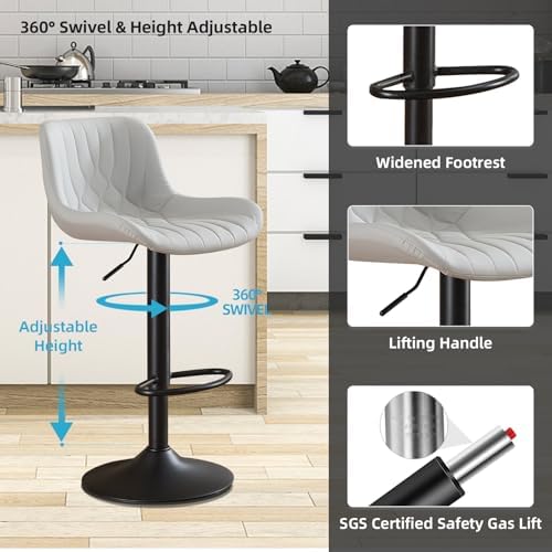 Set of 6 Modern Bar Stools, Adjustable Swivel Counter Height Kitchen Bar Stools with Backrest, Faux Leather Padded Seats, Kitchen Island Chairs for Breakfast Bar, Grey