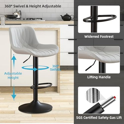 Set of 6 Modern Bar Stools, Adjustable Swivel Counter Height Kitchen Bar Stools with Backrest, Faux Leather Padded Seats, Kitchen Island Chairs for Breakfast Bar, Grey