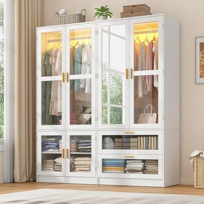 4 Doors Armoire Wardrobe Closet with LED and Mirror,71" H Freestanding Wooden Wardrobe Closet Cabinet for Bedroom w 2 Drawers,Wooden Clothing Storage Cabinet w Hanging Rod,Closets for Bedroom(White)