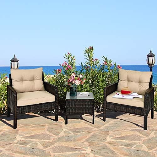 HAPPYGRILL 3 Pieces Patio Furniture Set, Outdoor Rattan Wicker Conversation Set with Coffee Table & Cushions, Patio Sofa Set for Garden Balcony Backyard Poolside