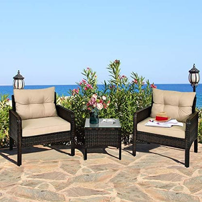 HAPPYGRILL 3 Pieces Patio Furniture Set, Outdoor Rattan Wicker Conversation Set with Coffee Table & Cushions, Patio Sofa Set for Garden Balcony Backyard Poolside