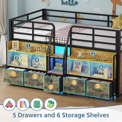 Twin Low Loft Bed, 5 Drawers & 6 Bookcases, LED and Charging Station, Brown