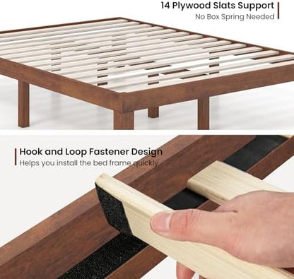 KOMFOTT 14 Inches Wood Platform Bed Frame Queen Size, Wooden Mattress Foundation with Rubber Wood Frame, Strong Wooden Slat Support, No Box Spring Needed, Bed Frame (Brown Cherry)