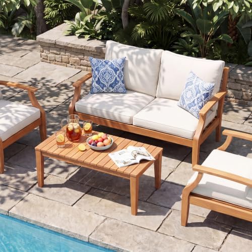 Devoko 2-Piece Outdoor Loveseat Eucalyptus Wood with Coffee Table, Beige