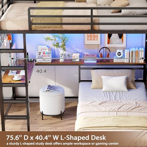 Bunk Bed Twin Over Twin with Hall Tree, Charging Station and LED Lights, L-Shaped Bunk Bed with Desk, 5 Storage Drawers, Twin Bunk Beds with Guardrail & Stairs, No Box Spring Needed, Black
