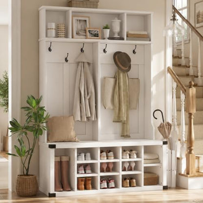 Garvee Farmhouse Entryway Hall Tree with Bench, Shoe Storage & Coat Rack
