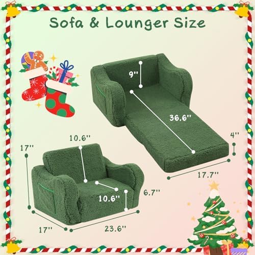 Kids Sofa Chair, 2-in-1 Foldable Couch, Sherpa, Green