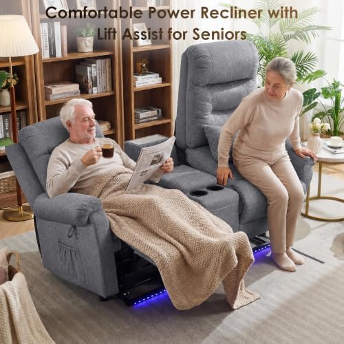 SAMERY Loveseat Recliner Sofa, Power Lift Recliner for Elderly with Massage and Heat, Electric Reclining Loveseat Sofa Couch with Console, Cup Holder, Outlets, USB, Drawer (Light Gray, Lift Loveseat)