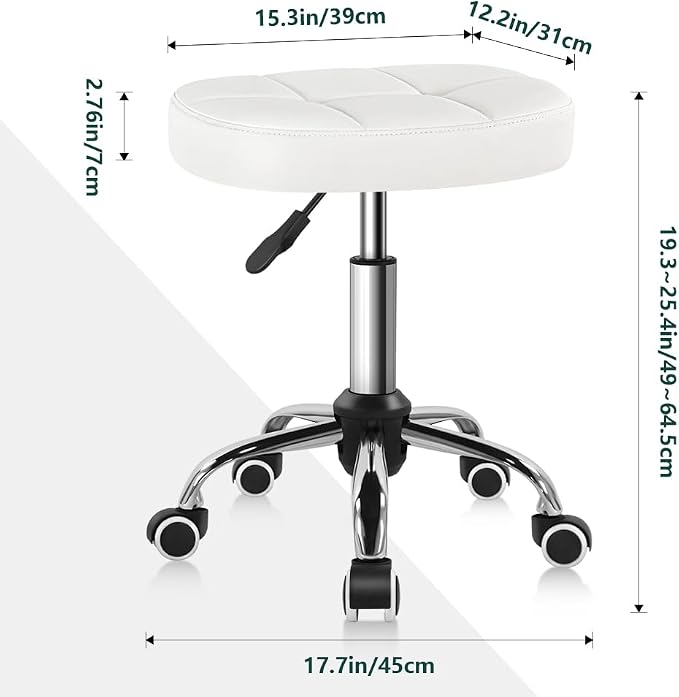 BFTOU White 6-Square Lattice PU Swivel Stool with Wheel for Work SPA Shop Massage Height-Adjustable and Cost-Effective Rolling Stool Chair