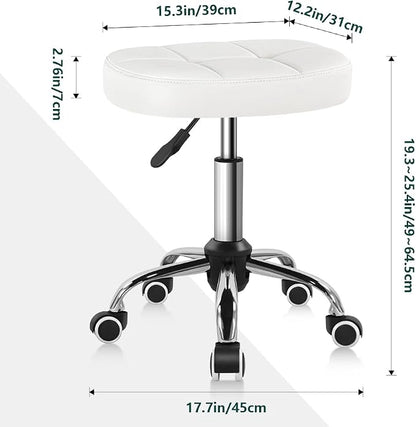 BFTOU White 6-Square Lattice PU Swivel Stool with Wheel for Work SPA Shop Massage Height-Adjustable and Cost-Effective Rolling Stool Chair
