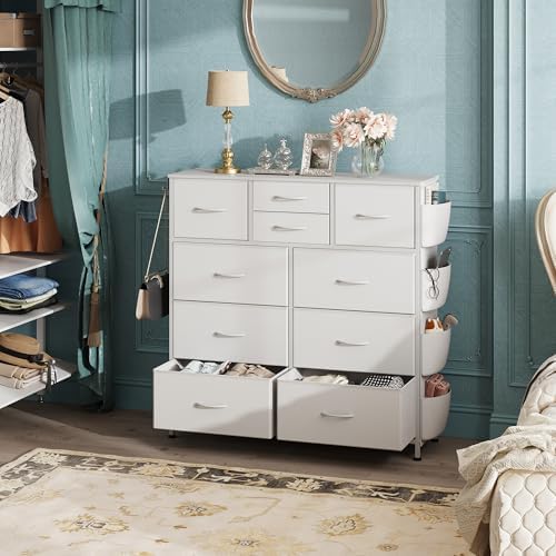 WLIVE 10 Drawer White Fabric Dresser for Bedroom, Side Pockets Chest