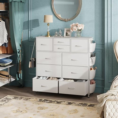WLIVE 10 Drawer White Fabric Dresser for Bedroom, Side Pockets Chest