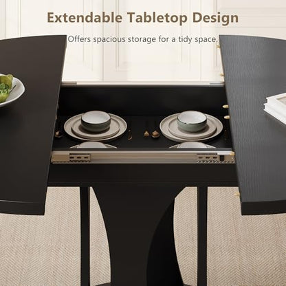 59" Extendable Round Dining Table for 6-8, Kitchen Table with Sturdy Double Arc Base & Backboard Clasp Desktop, Mid-Century Modern Dinner Table, Kitchen Dining Room, Space Saving, Black