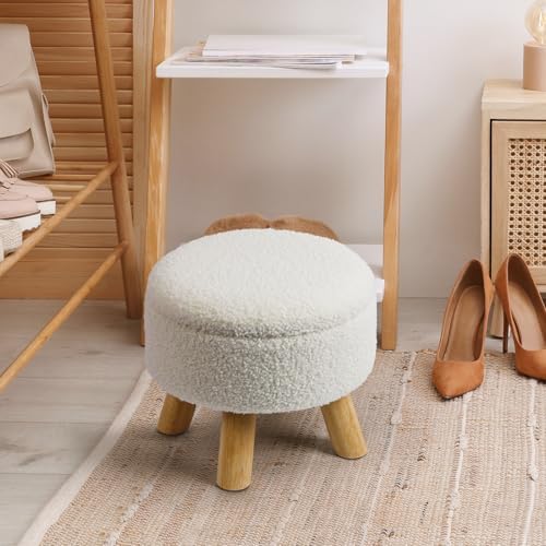 OGEMXU Ottoman Foot Stool, Small Ottoman with Storage,Round Storage Ottoman with Wood Legs, Soft Sponge Storage Footstool for Living Room, Bedroom, Couch, Enterway (Cream)