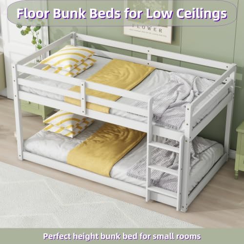 Low Bunk Bed Twin Over Twin with Ladder and Safety Guardrails, Wood Twin Size Floor Bunk Beds for Teens, No Box Spring Needed, White