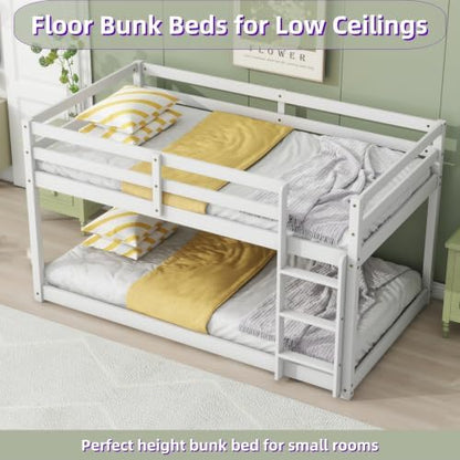 Low Bunk Bed Twin Over Twin with Ladder and Safety Guardrails, Wood Twin Size Floor Bunk Beds for Teens, No Box Spring Needed, White