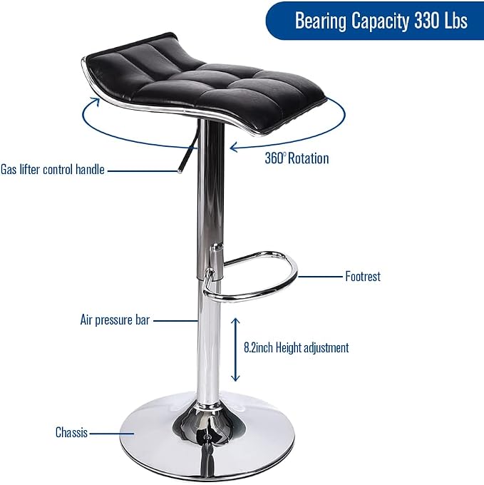 Set of 2 Barstool, Adjustable Swivel Gas Lift Bar Stools, PU Leather with Chrome Base, Black