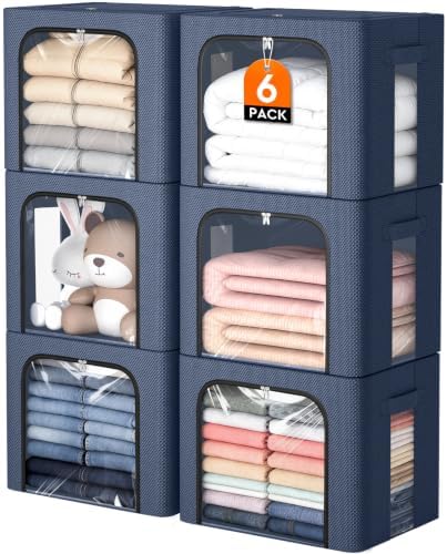 6 Pack Clothes Storage Bins with Metal Frame, Navy Blue, 40L