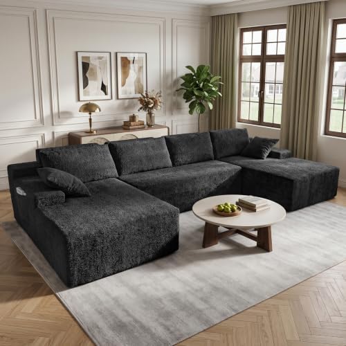 134 Inch Teddy Velvet Boneless Cloud Sectional Sofa, Tatami Style Modular, Frameless Deep Seat, Soft Fluffy Plush Cushions with Side Storage, Compressed No Assembly for Living Room & Apartment
