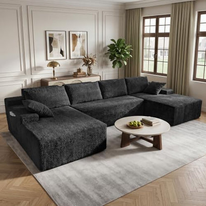 134 Inch Teddy Velvet Boneless Cloud Sectional Sofa, Tatami Style Modular, Frameless Deep Seat, Soft Fluffy Plush Cushions with Side Storage, Compressed No Assembly for Living Room & Apartment