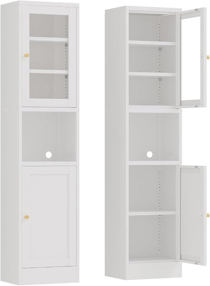 67" Tall Narrow Storage Cabinet with Glass Door and Open Shelf,Metal Pantry Cabinet with Adjustable Shelves,Shaker Style Slim Cabinet for Bathroom Kitchen Small Spaces, White, 1Pc