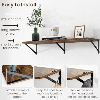 Deep Floating Shelves - 40 Inch Floating Shelves Set of 2-12 Inch Deep Brown Wood Wall Shelves for Living Room Bathroom Kitchen