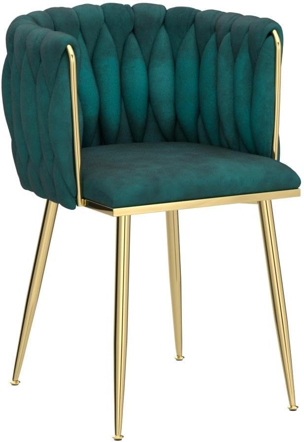 Velvet Dining Chairs Set of 6, Modern Upholstered Dining Room Chairs with Golden Metal Legs and Woven Backrest for Dining Room, Kitchen, Vanity, Living Room (Green)
