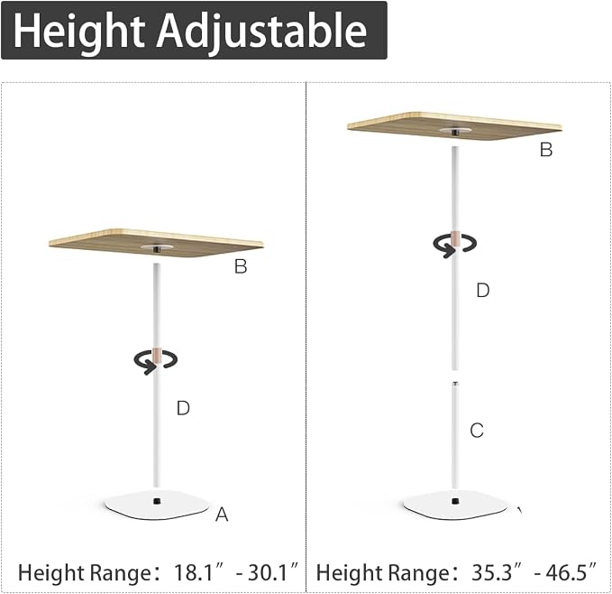 Small Laptop Standing Desk, 18“H - 46”H Adjustable Height Pedestal Side Table with Wooden Top, Portable Tall End Table, Stand-Up Desk for Bedside, Couch, Sofa, Living Room, Bedroom, Home Office, White