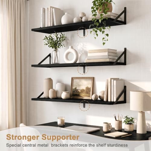 Long Wall Shelves for Bedroom, Set of 3 Large 40-Inch Floating Bookshelves, Rustic Wood Display Shelf for Home and Office (Black)