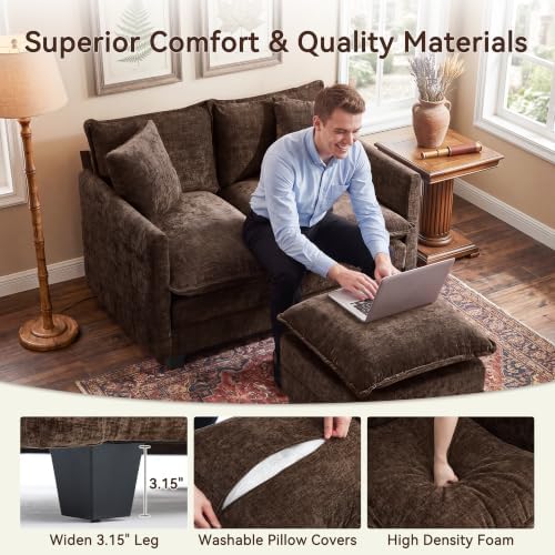 50" Love Seat with Ottoman, Small L Shape Cloud Sofa Couch, 2-Layer Cushion & 27" Deep Seat, 2 Pillows for Small Spaces, Bedroom, Apartment, Office, Living Room, Brown