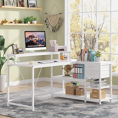 Tribesigns 55-inches Reversible L Shaped Desk with Drawer, Modern White L Corner Desk Home Office Table with Storage Shelves and Monitor Stand, Wooden and Metal PC Desk for Small Space