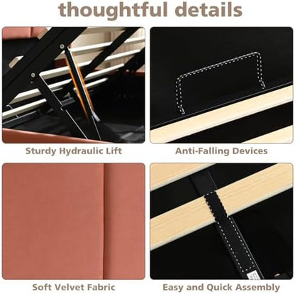 VELOCAVA King Lift Up Storage Bed Frame, Velvet-Look Upholstered Bed with Modern Wingback Headboard, Hydraulic Lift Storage, Wood Slat Support, No Box Spring Needed, Terracotta