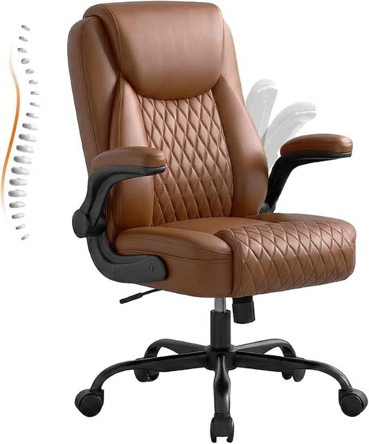 GTPLAYER Leather Office Chair, Home Desk Chair with Flip-up Arms and Ergonomic Back - Comfy Heavy Duty Executive Chair for Home Office Gaming, Brown
