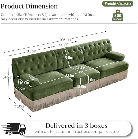 106" Velvet Chesterfield Modular Sectional Sofa, Oversized Button Tufted 3-Seater Couch with Floor-grazing Tassel Fringe Skirt and Curved Square Armrests, Easy Assembly, for Living Room, Green