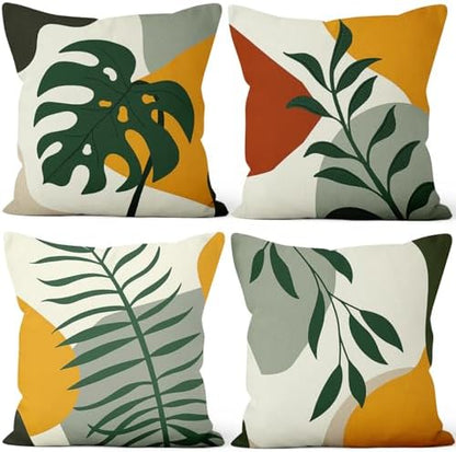 4 Pcs/Set Tropical Leaves Throw Pillow Covers Boho Summer Green Leaf Monstera Palm Leaf Abstract Botanical Farmhouse Linen Pillow Cases for Sofa Couch Home Outdoor Decor, 20"x20"