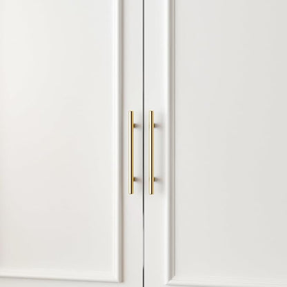 FUFU&GAGA Wardrobe Closet with 4 Doors, Modern White Bedroom Armoire with Gold Handles, Modern Clothes Storage Cabinet with Shelves & Hanging Rod for Cloakroom, 31.7”W x 19.3”D x 74.8”H