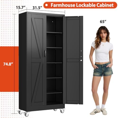 75" Metal Garage Storage Cabinet with Wheels, Locking Doors, 5 Shelves