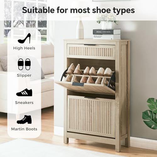 2-Flip Drawer Shoe Cabinet Narrow Entryway Rack, Oak