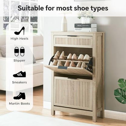 2-Flip Drawer Shoe Cabinet Narrow Entryway Rack, Oak