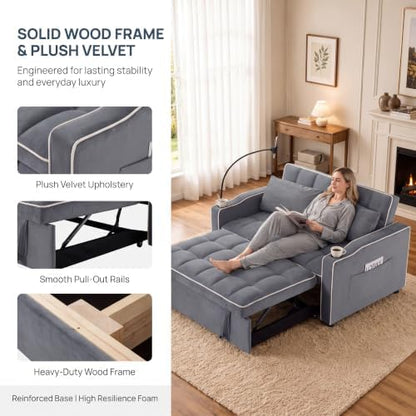 Convertible Pull Out Sofa Bed with Cup Holders & Side Pocket, Gray