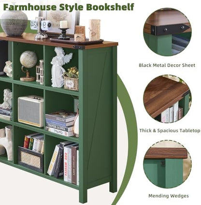 Joaxswe 9 Cube Storage Organizer, Farmhouse 47 Inch Wide Vintage Green Bookshelf, Wooden 3 Tier Display Large Open Book Shelf, Rustic Bookcase for Home Office, Cubby Storage Cabinet for Living Room
