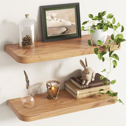 24 inch Floating Shelves for Wall, Elm Wood Rounded Edge, Natural, 2-Pack