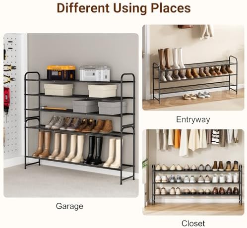 3-Tier Long Shoe Rack for Closet Metal Shoe Organizer for Entryway, Wide Stackable Shoe Storage Shelf with Sturdy Wire Grid for Closet Floor, Bedroom, Black