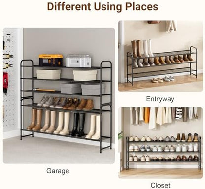 3-Tier Long Shoe Rack for Closet Metal Shoe Organizer for Entryway, Wide Stackable Shoe Storage Shelf with Sturdy Wire Grid for Closet Floor, Bedroom, Black